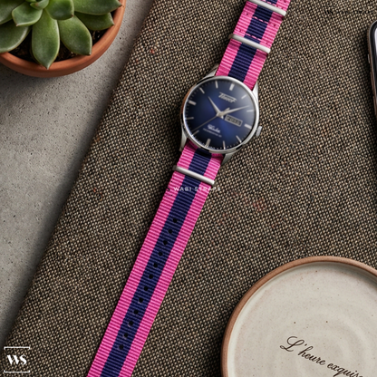 Blue/Pink 3 Stripes Nylon Watch Strap on Tissot Visodate Blue Fume Dial Powermatic 80