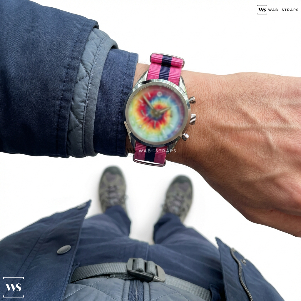Blue/Pink 3 Stripes Nylon Watch Strap on Tie Dyed Chronograph — Haven Watch Co.