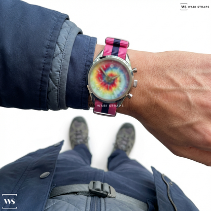 Blue/Pink 3 Stripes Nylon Watch Strap on Tie Dyed Chronograph — Haven Watch Co.