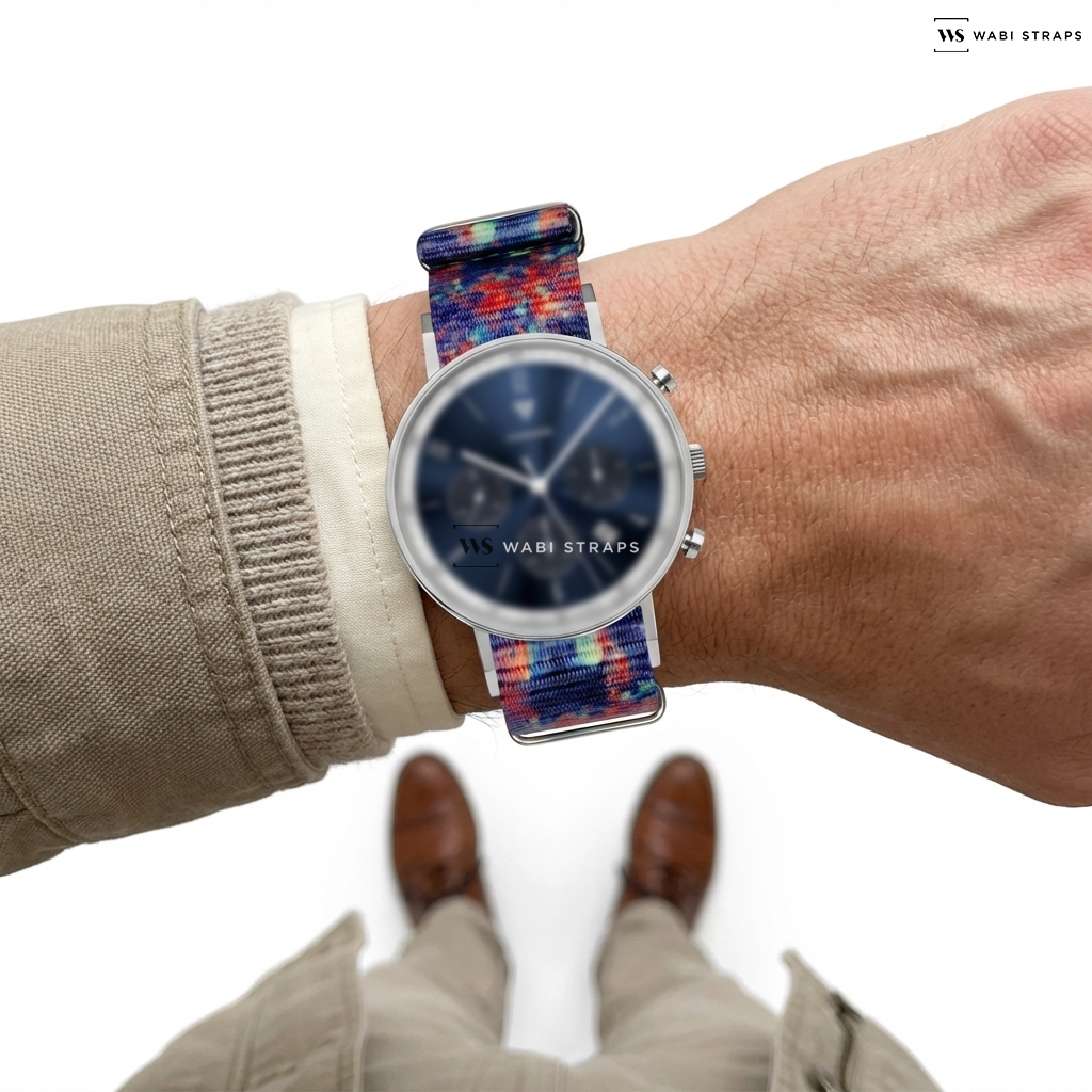 Blue/Green/Red Tie Dye Nylon Watch Strap on Junkers Bauhaus 9.19.01.01