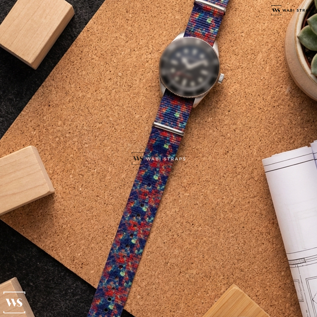 Blue/Green/Red Tie Dye Nylon Watch Strap on Spinnaker Spence 300 Automatic