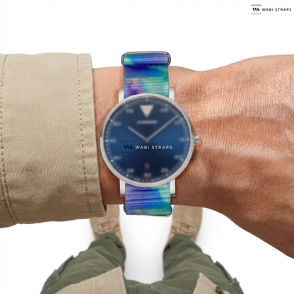 Blue/Green/Purple Tie Dye Nylon Watch Strap on Junkers Dessau Streamline 9.51.01.01