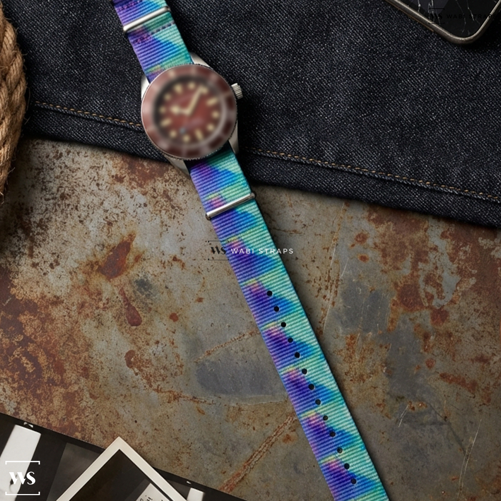 Blue/Green/Purple Tie Dye Nylon Watch Strap on Spinnaker Spence 300 Automatic