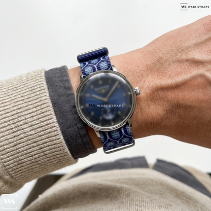 Blue/White Graphic Print Nylon Watch Strap on Bauhaus Watch 20373