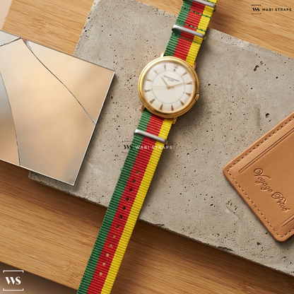 Green/Red/Yellow 3 Stripes Nylon Watch Strap on Vacheron Constantin Chronometre Royal Vintage Watch