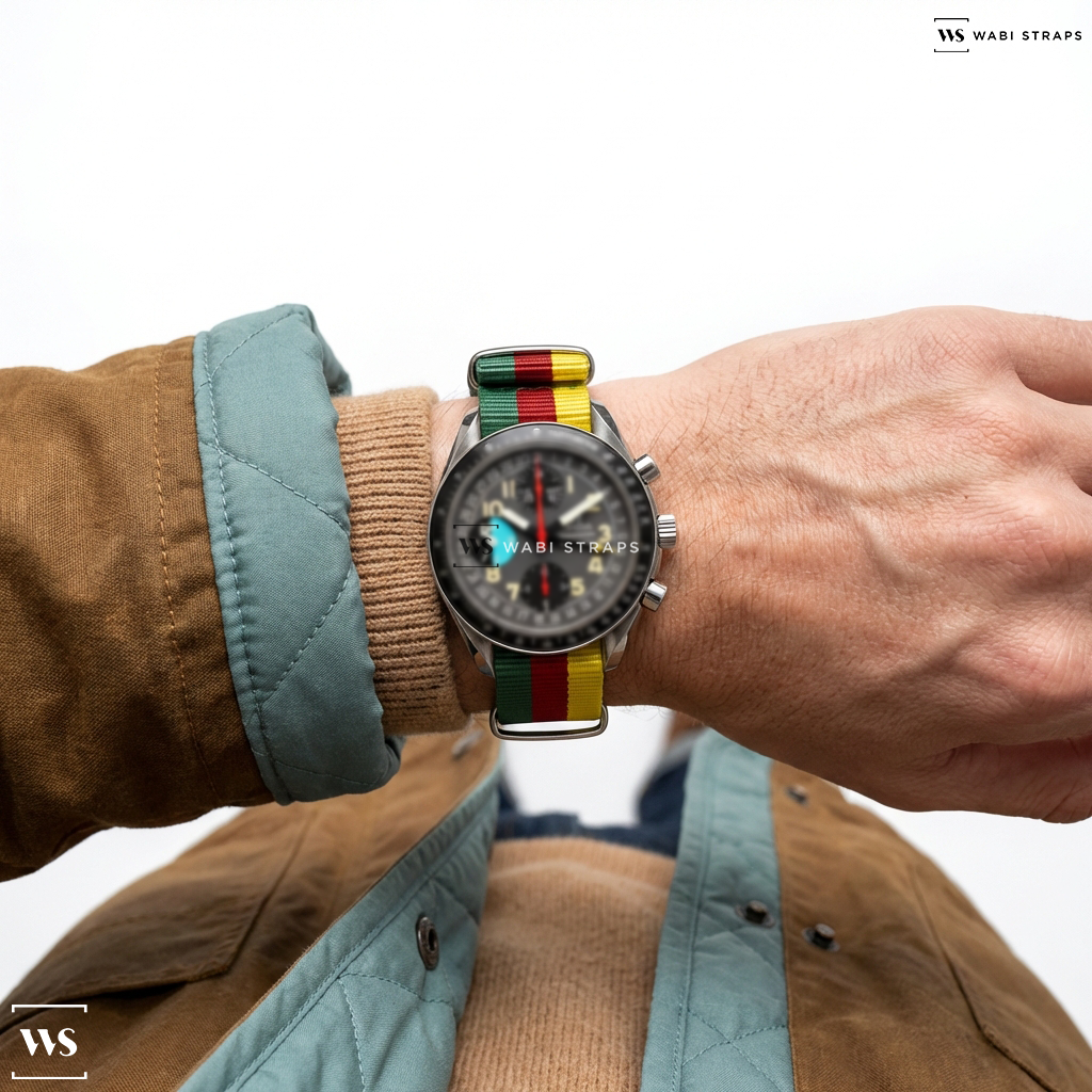 Green/Red/Yellow 3 Stripes Nylon Watch Strap on Omega Speedmaster Mark 40 Triple Calendar Men's Watch 3520.53.00