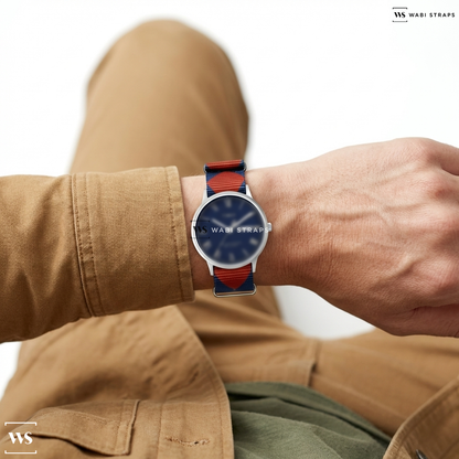 Blue/Grey/Red Graphic Print Nylon Watch Strap on Waterbury Classic 40mm