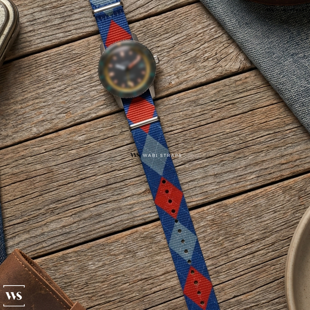 Blue/Grey/Red Graphic Print Nylon Watch Strap on Zodiac Super Sea Wolf Limited Edition