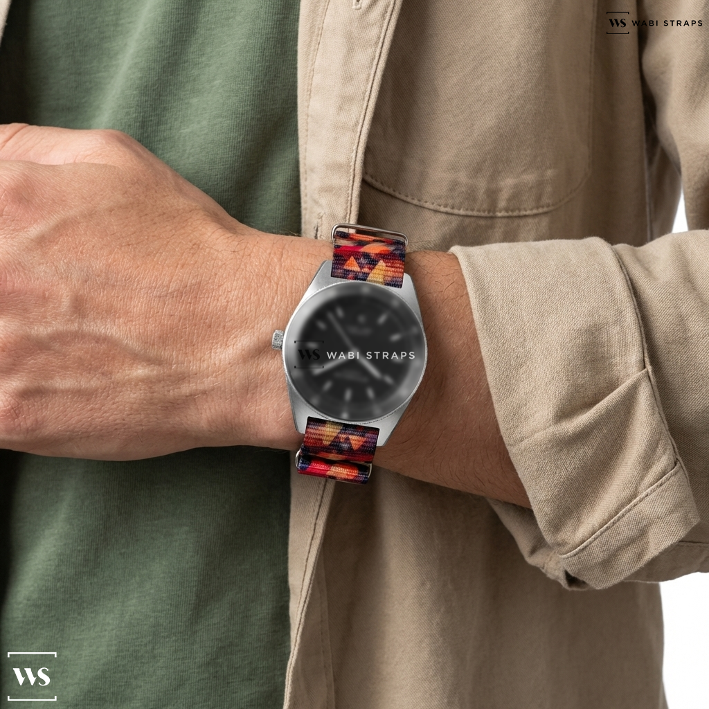Black/Brown/Red Tie Dye Nylon Watch Strap on Sternglas MARUS