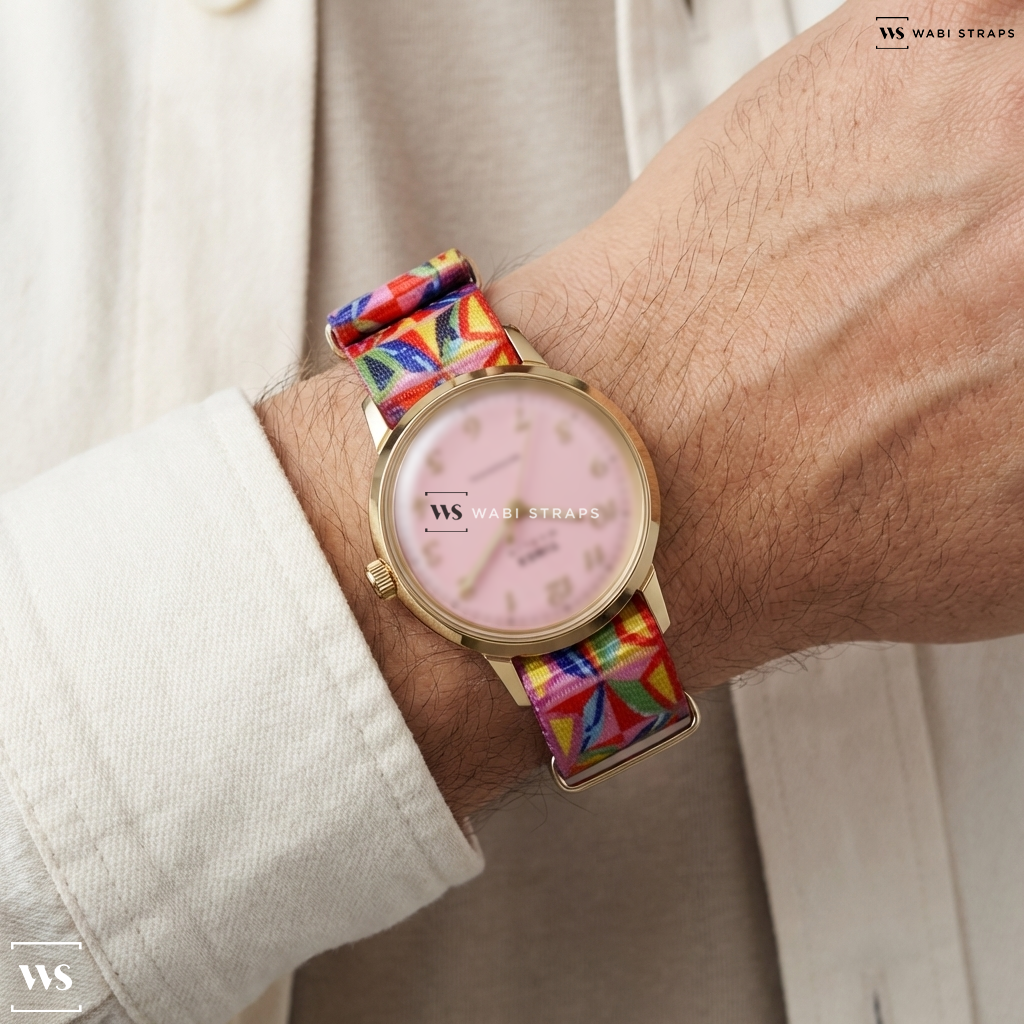 Blue/Green/Pink/Yellow Graphic Print Nylon Watch Strap on Marlin® Hand-Wound 34mm