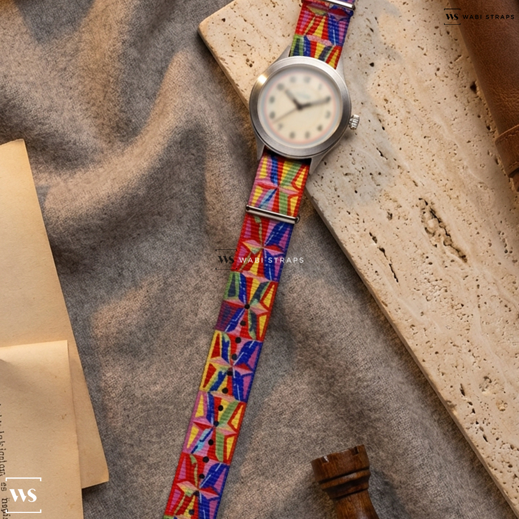 Blue/Green/Pink/Yellow Graphic Print Nylon Watch Strap on Vero Meridian Manual Wind