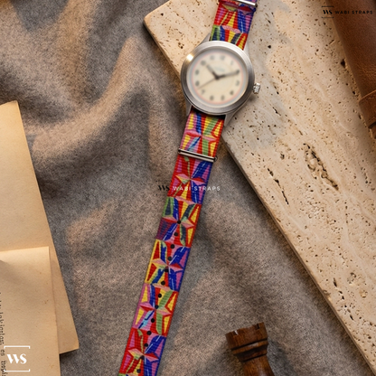 Blue/Green/Pink/Yellow Graphic Print Nylon Watch Strap on Vero Meridian Manual Wind