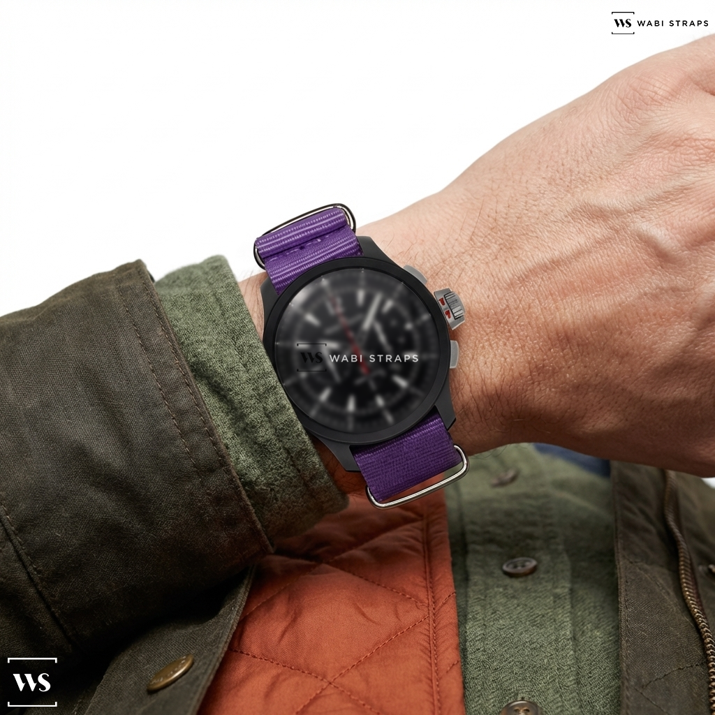 Purple Bright Solid Plain Nylon Watch Strap on Jaeger Le Coultre Master Compressor Chronograph Ceramic