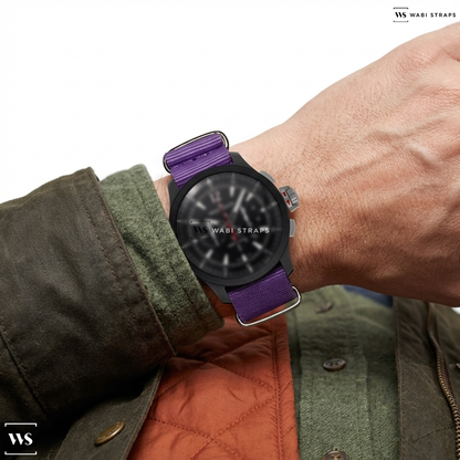 Purple Bright Solid Plain Nylon Watch Strap on Jaeger Le Coultre Master Compressor Chronograph Ceramic
