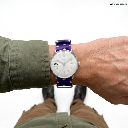 Purple/White Graphic Print Nylon Watch Strap on Junghans Max Bill Mega