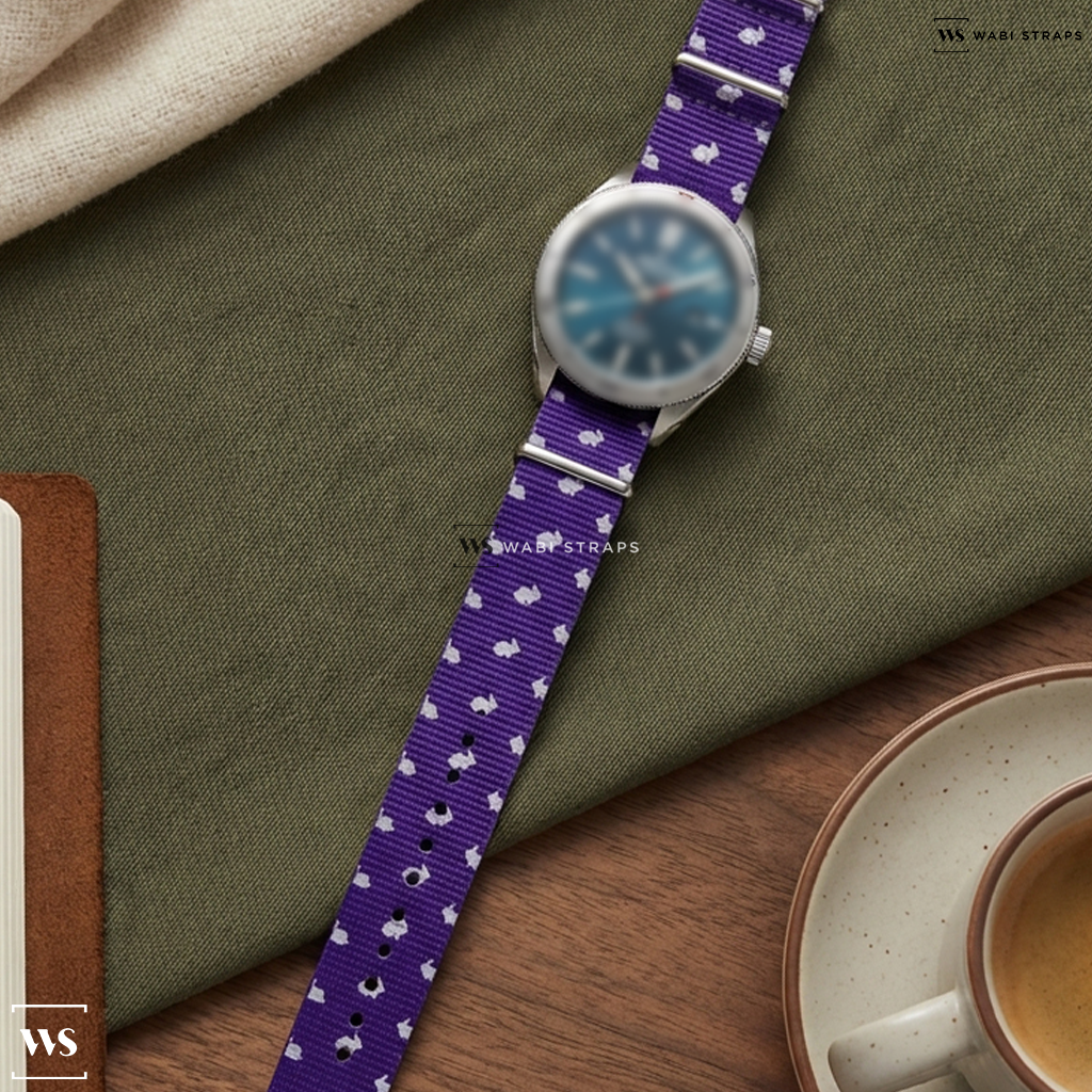 Purple/White Graphic Print Nylon Watch Strap on Alpina Alpiner 4 Automatic