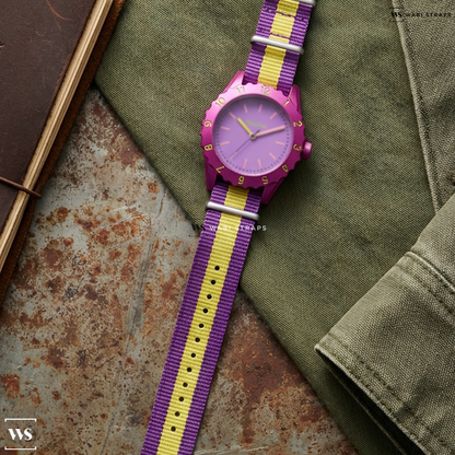 Purple/Yellow 3 Stripes Nylon Watch Strap on Parchie Party Time Purple Dial and Case