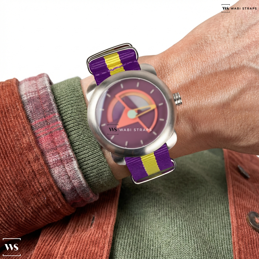 Purple/Yellow 3 Stripes Nylon Watch Strap on S? Labs Layer Two