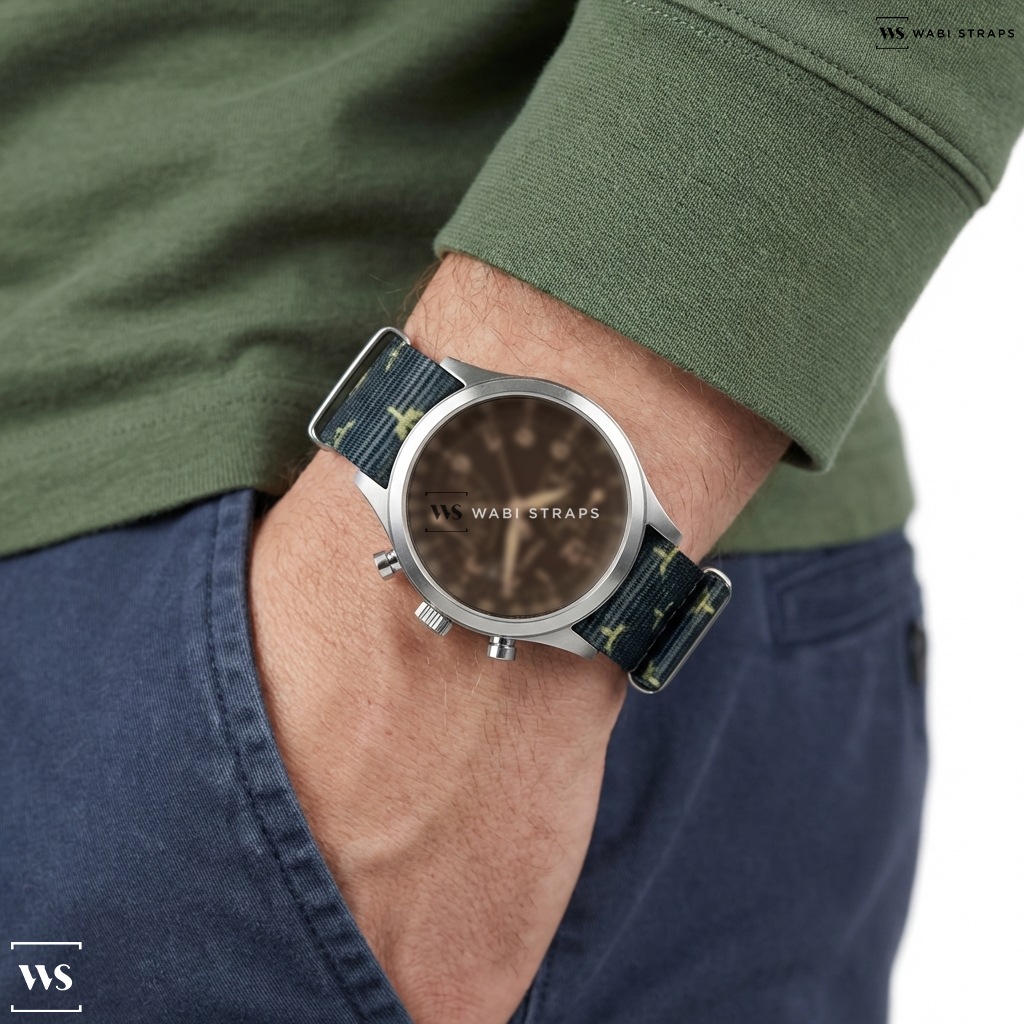 Gold/Grey Graphic Print Nylon Watch Strap on Waterbury Traditional Fly Back Chronograph 43mm