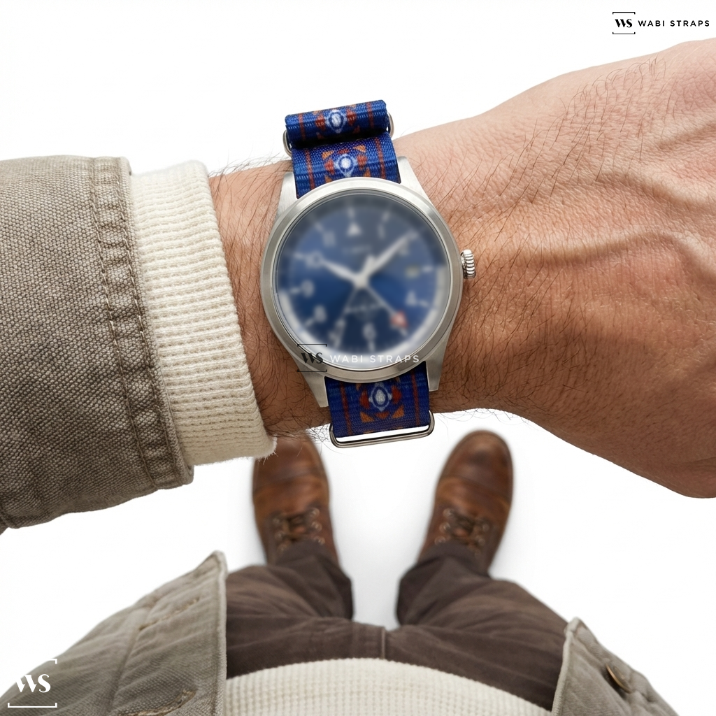 Blue/Orange/Red/White Graphic Print Nylon Watch Strap on Timex Waterbury GMT x Pan Am® 39mm