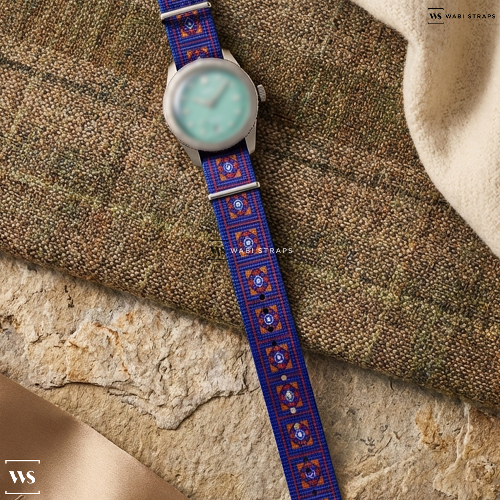 Blue/Orange/Red/White Graphic Print Nylon Watch Strap on Oris Divers Sixty-Five "Cotton Candy" Steel