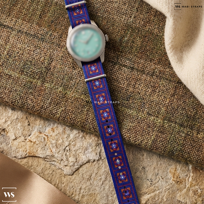 Blue/Orange/Red/White Graphic Print Nylon Watch Strap on Oris Divers Sixty-Five "Cotton Candy" Steel
