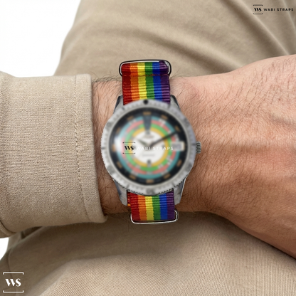 Blue/Green/Orange/Purple/Red/Yellow 7 Stripes Nylon Watch Strap on Mido Powerwind Oceanstar 'Rainbow Diver' 5907