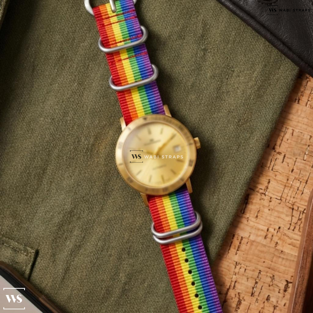 Blue/Green/Orange/Purple/Red/Yellow Solid Plain Nylon Watch Strap on Bucherer Gold Automatic Dress Watch