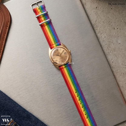 Rainbow 7 Stripes Nylon Watch Strap on Omega Constellation 18k Solid Gold C Case