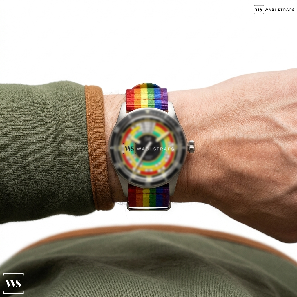 Rainbow 7 Stripes Nylon Watch Strap on FOD Handwinding Mechanical Retro Dress Watch Rainbow Skin Diver