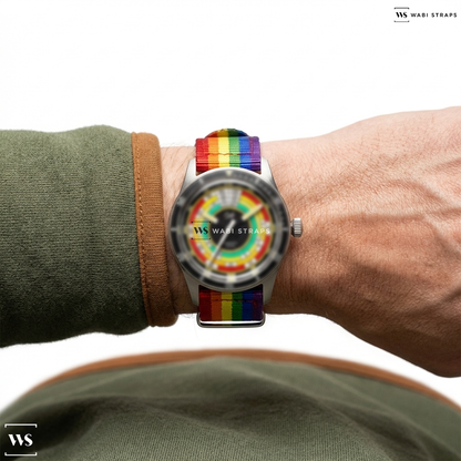 Rainbow 7 Stripes Nylon Watch Strap on FOD Handwinding Mechanical Retro Dress Watch Rainbow Skin Diver