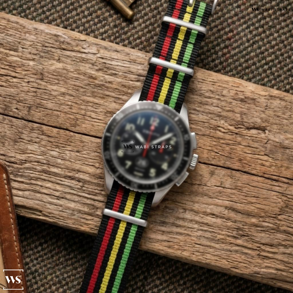 Black/Green/Red/Yellow 7 Stripes Nylon Watch Strap on Zenith Pilot Big Date Flyback