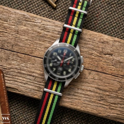 Black/Green/Red/Yellow 7 Stripes Nylon Watch Strap on Zenith Pilot Big Date Flyback