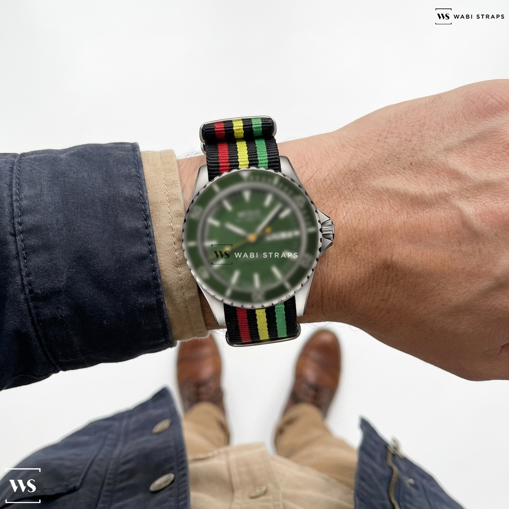 Black/Green/Red/Yellow 7 Stripes Nylon Watch Strap on Mido Ocean Star Tribute M0268301809100