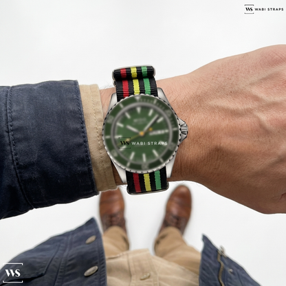 Black/Green/Red/Yellow 7 Stripes Nylon Watch Strap on Mido Ocean Star Tribute M0268301809100