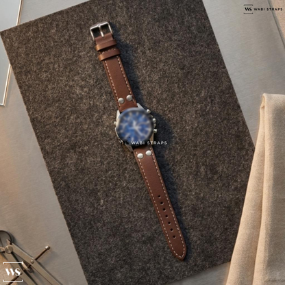 Red Riveted Leather Watch Strap on Casio Edifice Eco-Drive Blue Dial Stainless Steel Men's Watch