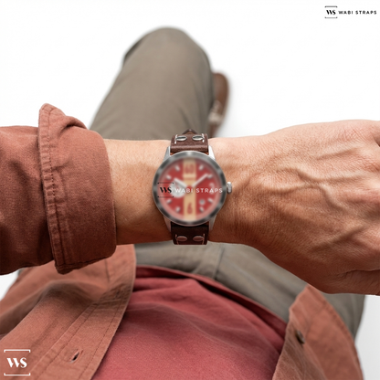 Red Riveted Leather Watch Strap on Race Master Automatic Red