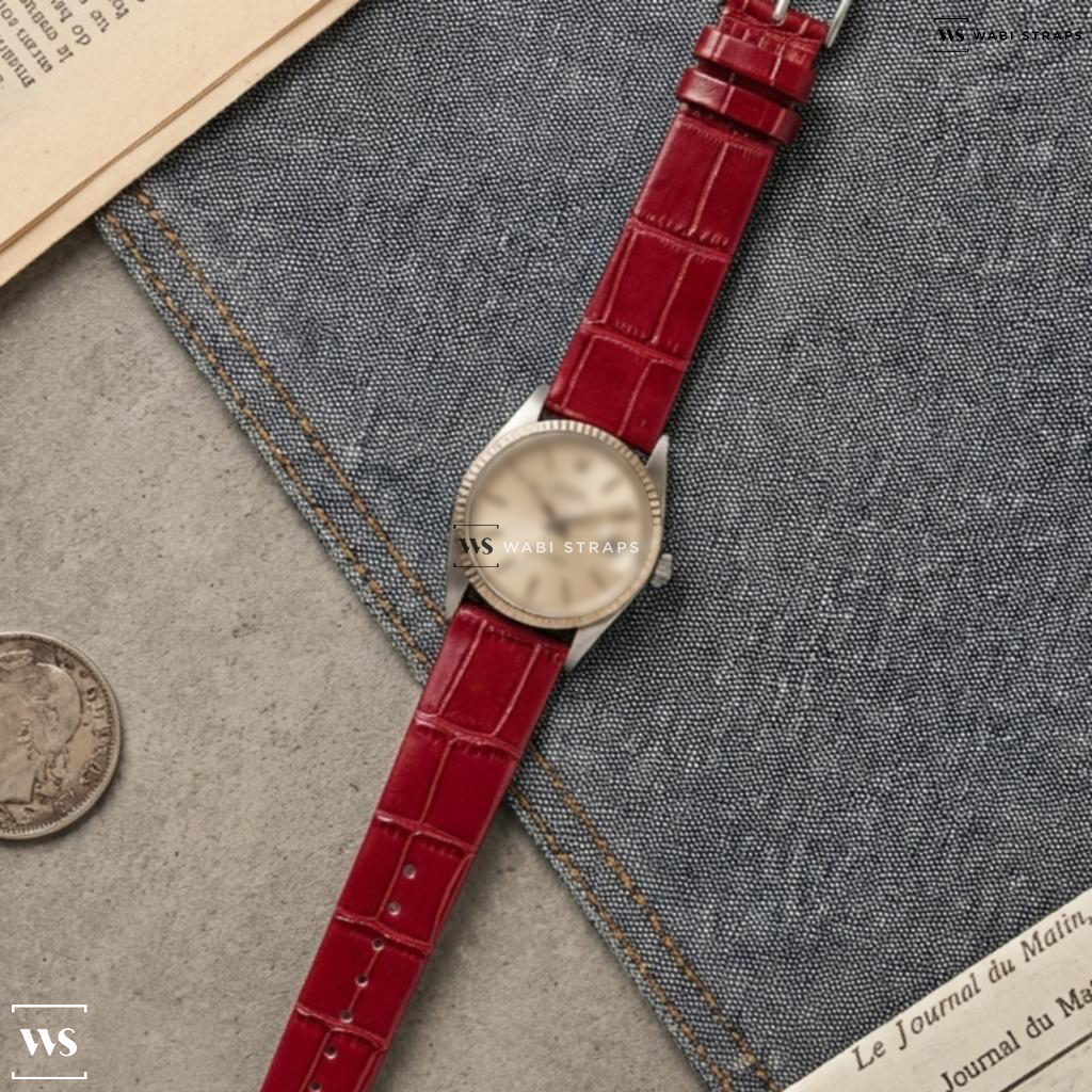 Red Bamboo Grain Leather Watch Strap on Tudor Prince Oysterdate Linen