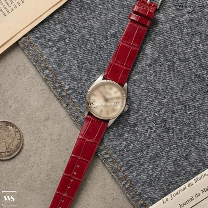 Red Bamboo Grain Leather Watch Strap on Tudor Prince Oysterdate Linen
