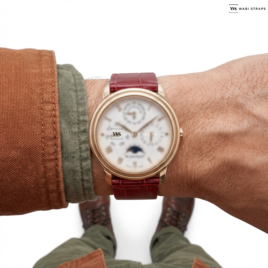 Red Bamboo Grain Leather Watch Strap on Blancpain Villeret Perpetual Calendar 18K Rose Gold Full Set