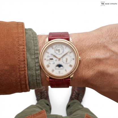 Red Bamboo Grain Leather Watch Strap on Blancpain Villeret Perpetual Calendar 18K Rose Gold Full Set