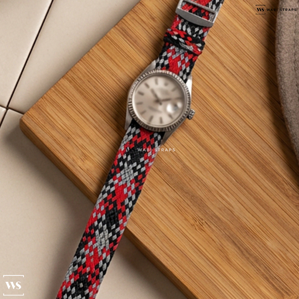 Red/Black/Grey Interwoven Contrast Nylon Watch Strap on Rolex Datejust 1603 Engine Turned Bezel Linen Dial