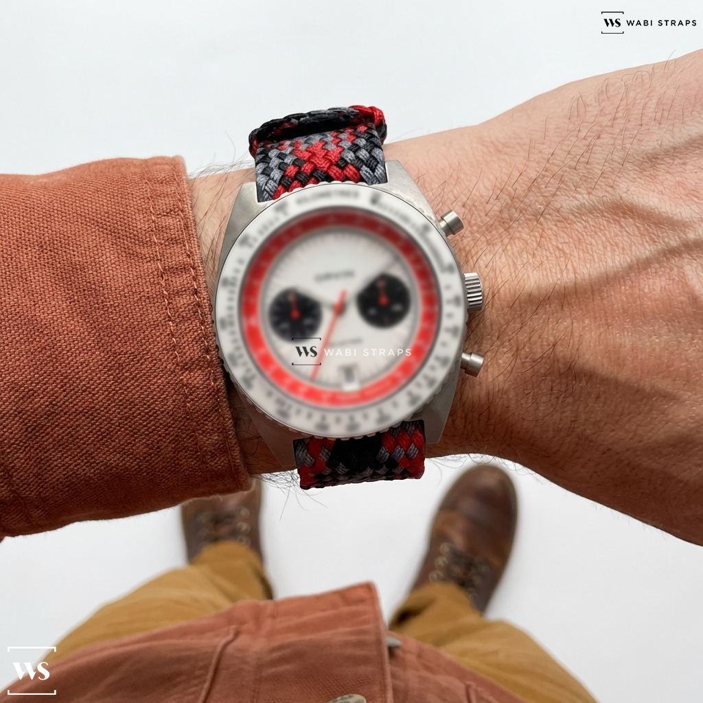 Red/Black/Grey Interwoven Contrast Nylon Watch Strap on Orvin Satin Red Steel | ORC9