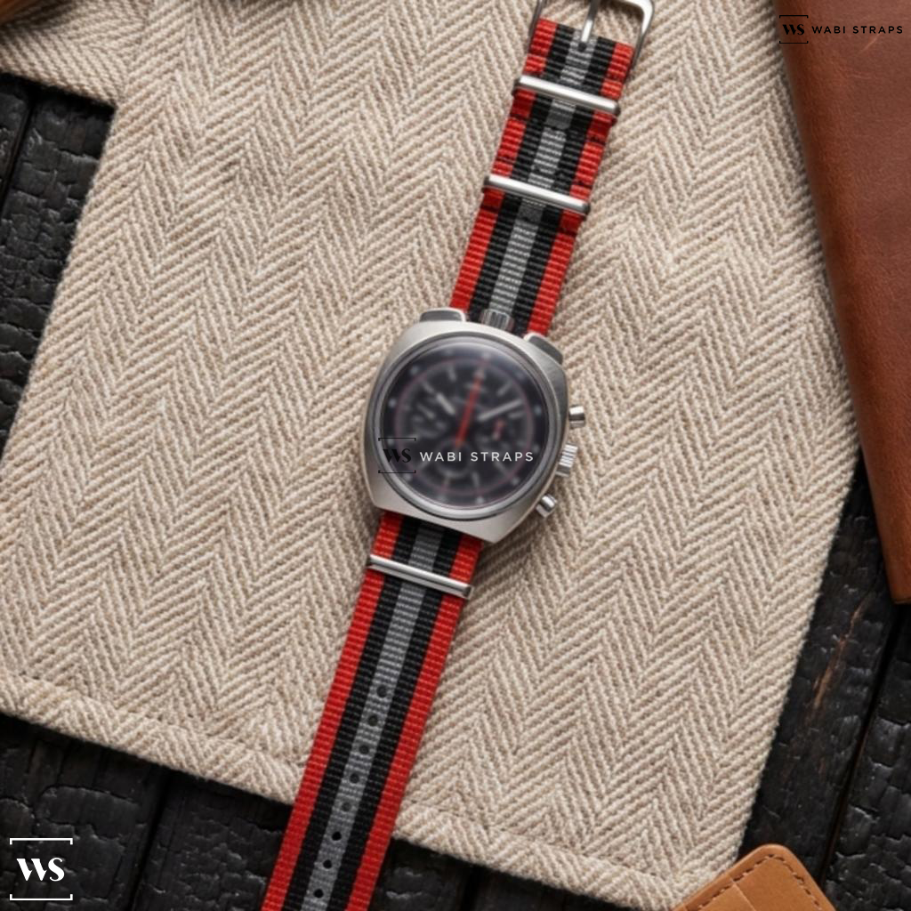 Black/Grey/Red 5 Stripes Nylon Watch Strap on Omega Seamaster Bullhead Co Axial Limited Edition