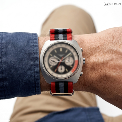 Black/Grey/Red 5 Stripes Nylon Watch Strap on Longines 'Cushion Case' Chronograph