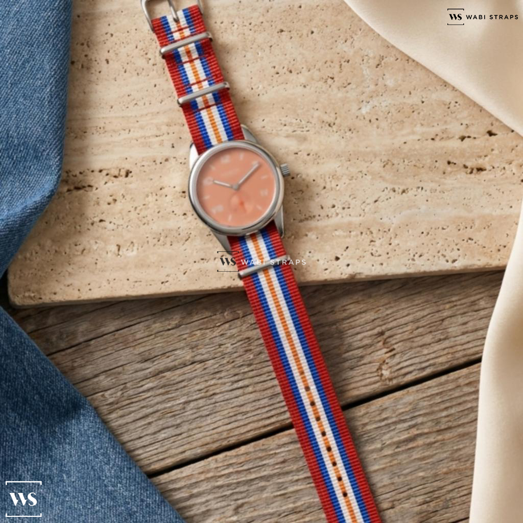 Blue/Orange/Red/White 7 Stripes Nylon Watch Strap on Nomos Glashutte Club Campus 38 Future Orange