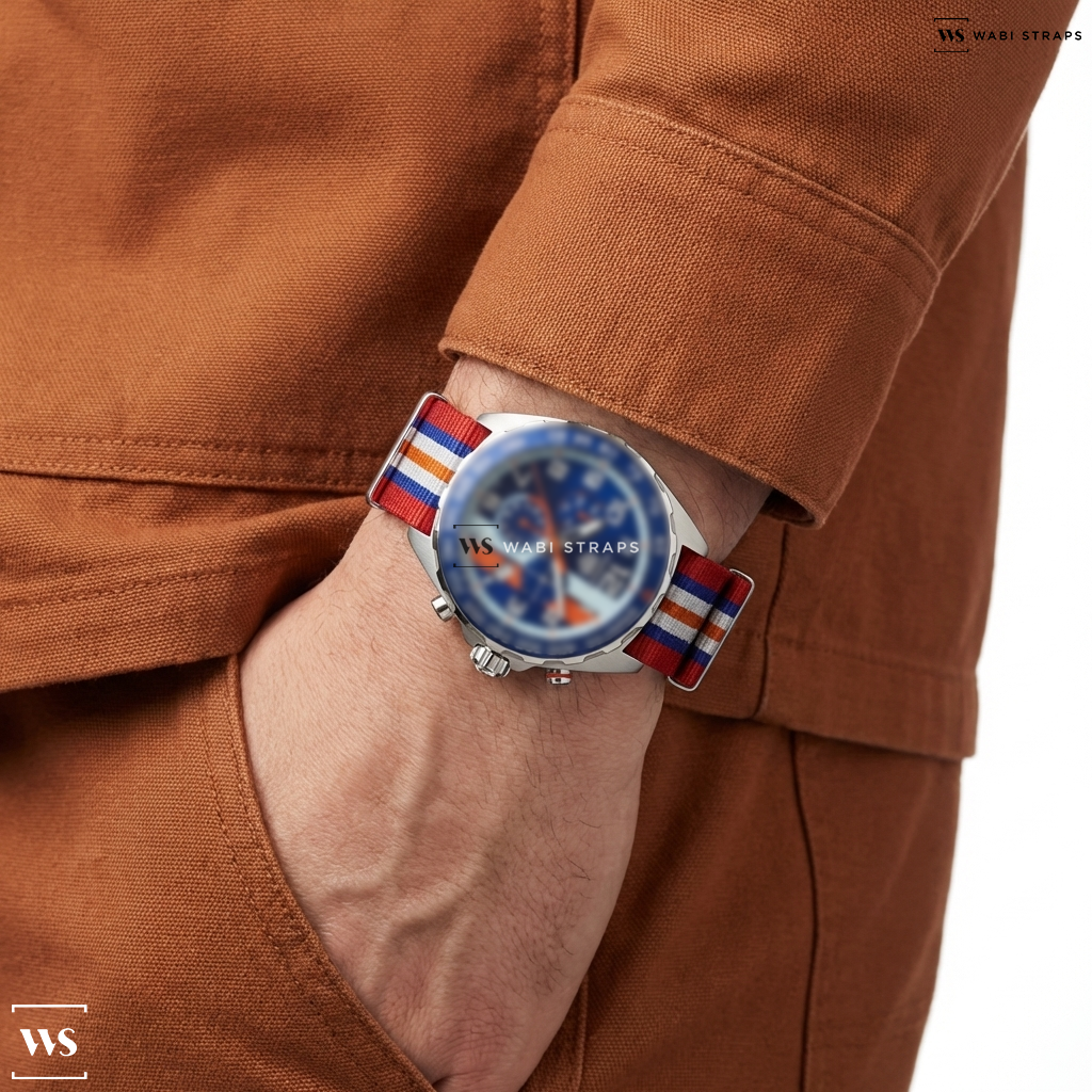 Blue/Orange/Red/White 7 Stripes Nylon Watch Strap on TAG Heuer Formula 1 CAZ101N.FC8243