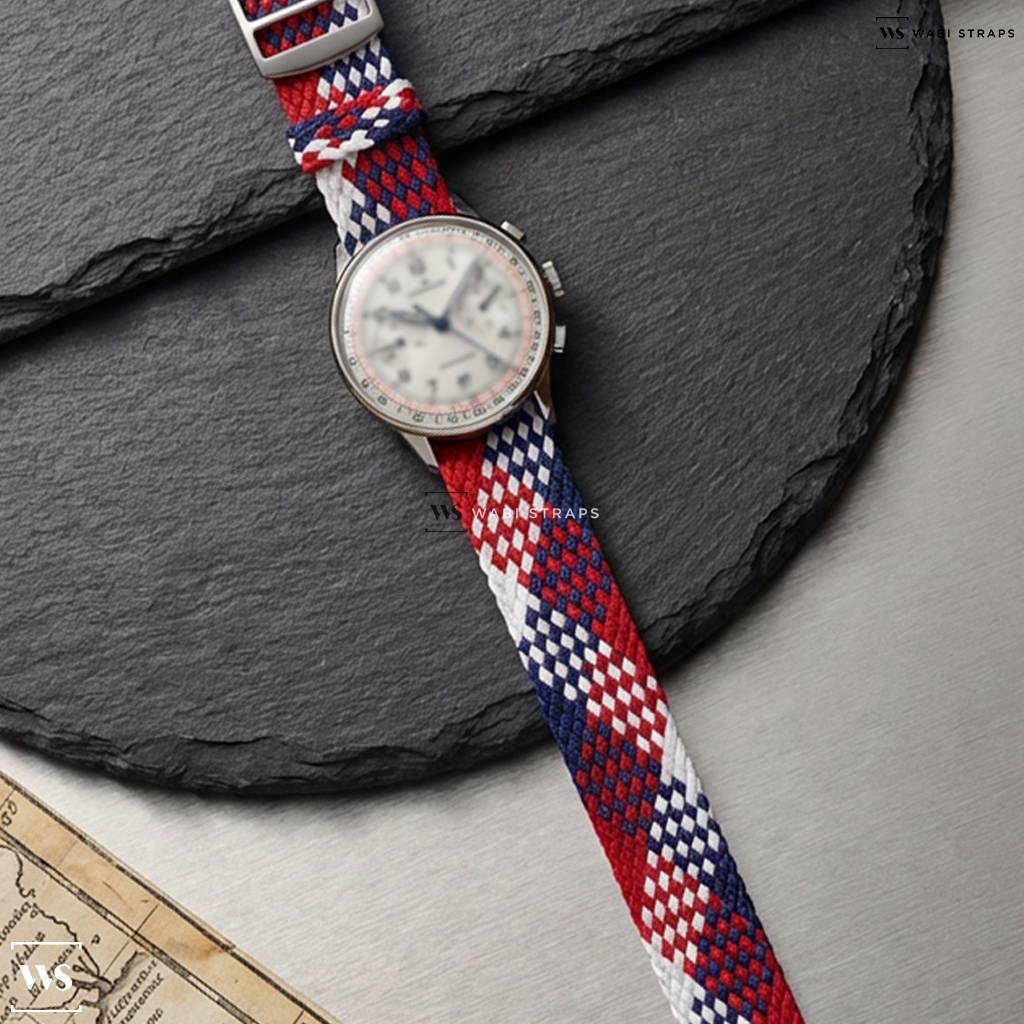 Blue/Red/White Interwoven Contrast Nylon Watch Strap on Junghans Meister Telemeter Chronoscope
