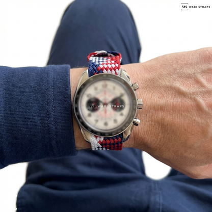 Blue/Red/White Interwoven Contrast Nylon Watch Strap on Omega Speedmaster Chronoscope Silver Dial