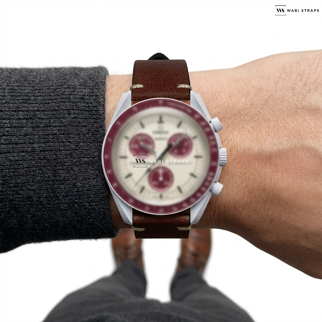 Red Buffed Leather Watch Strap on MOONSWATCH MISSION TO PLUTO